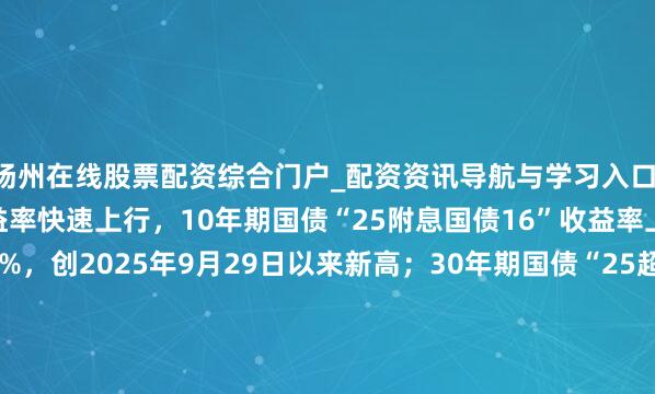 扬州在线股票配资综合门户_配资资讯导航与学习入口 银行间主要利率债收益率快速上行，10年期国债“25附息国债16”收益率上行2.1bp报1.8825%，创2025年9月29日以来新高；30年期国债“25超长相配国债06”收益率上行1.5bp报2.2990%，创2024年11月20日以来新高。